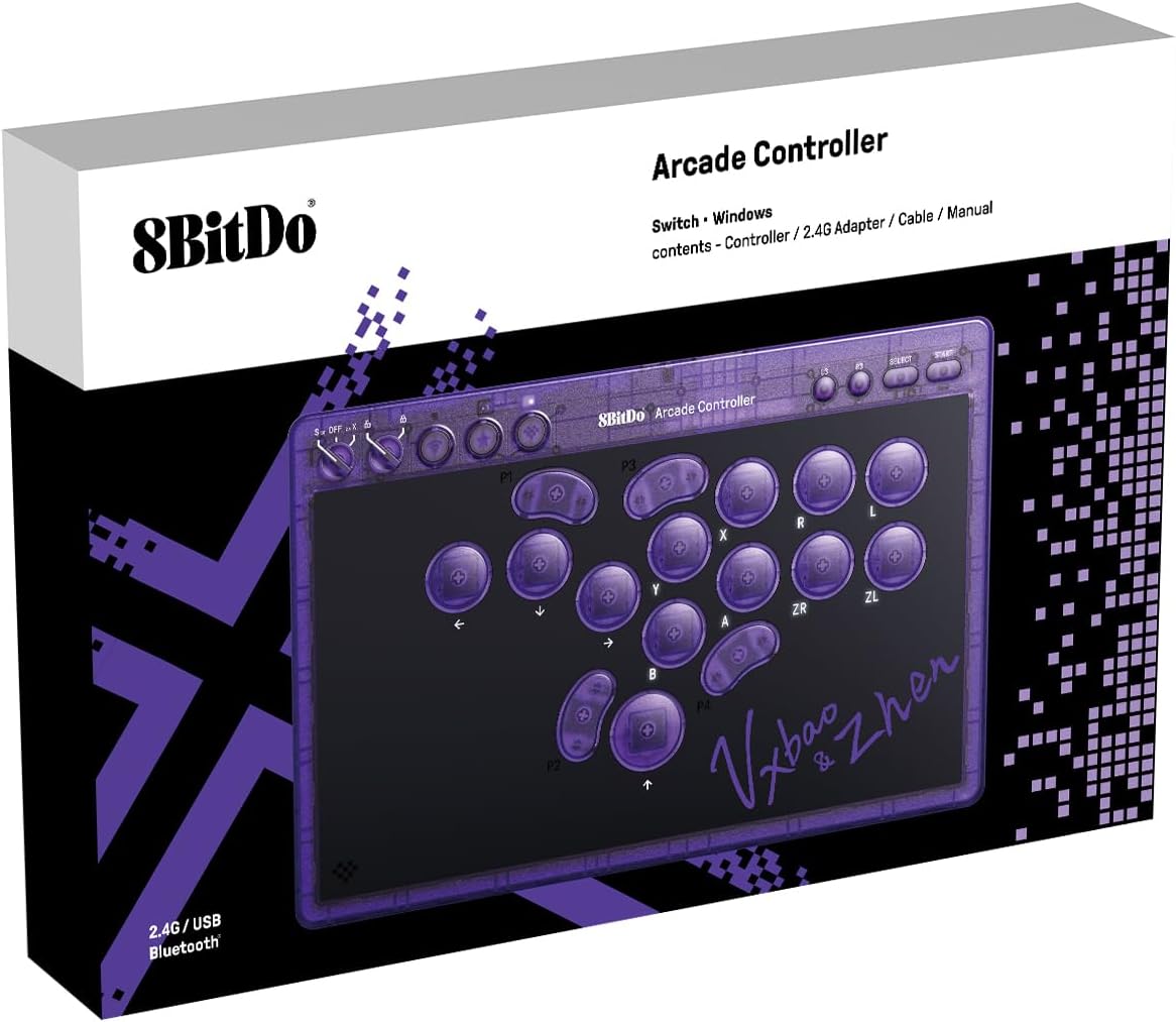 8Bitdo Arcade Controller Purple Edition Bluetooth/2.4G/USB compatible Switch 1 et 2, Windows - Manettes - 8Bitdo - Shop Just for Games
