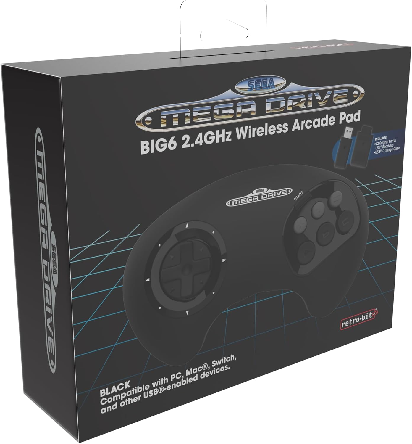 Retro - bit - Manette Noire BIG6 Sega Mega Drive & Genesis - Sans fil 2.4Ghz - Manettes - retro - bit - Shop Just for Games