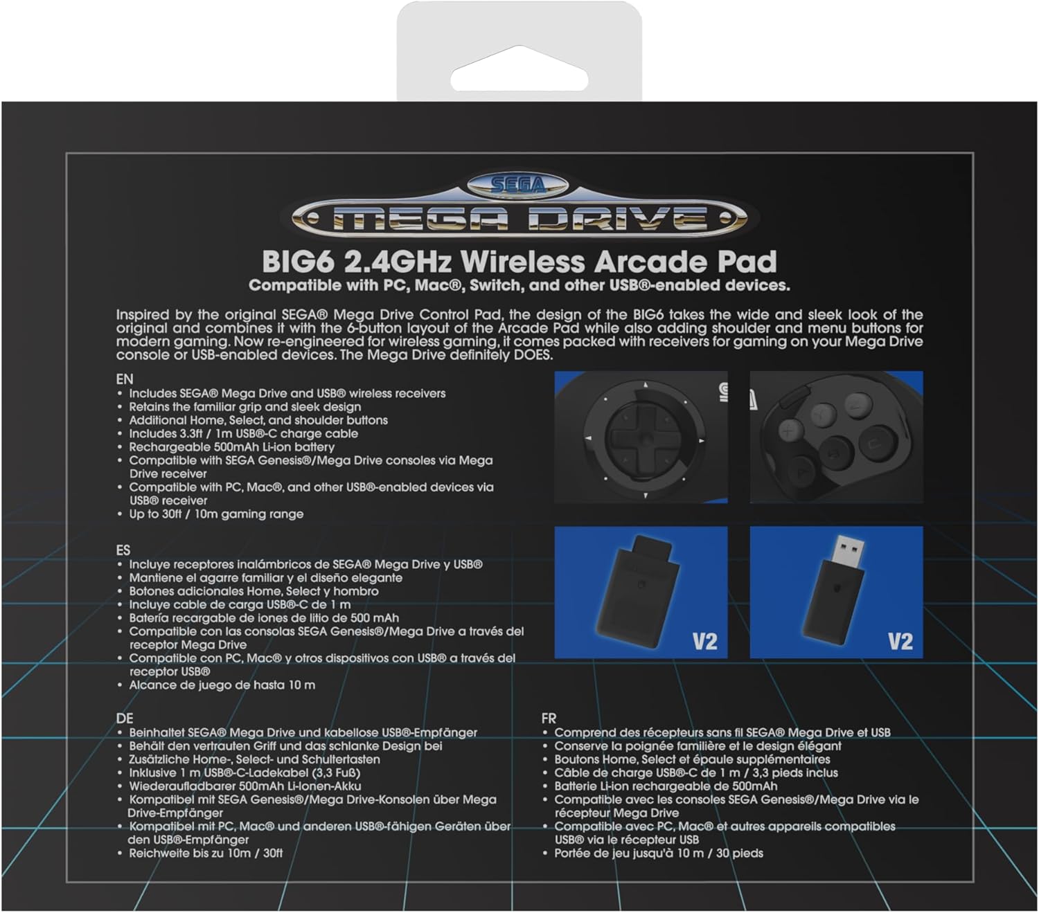 Retro - bit - Manette Noire BIG6 Sega Mega Drive & Genesis - Sans fil 2.4Ghz - Manettes - retro - bit - Shop Just for Games